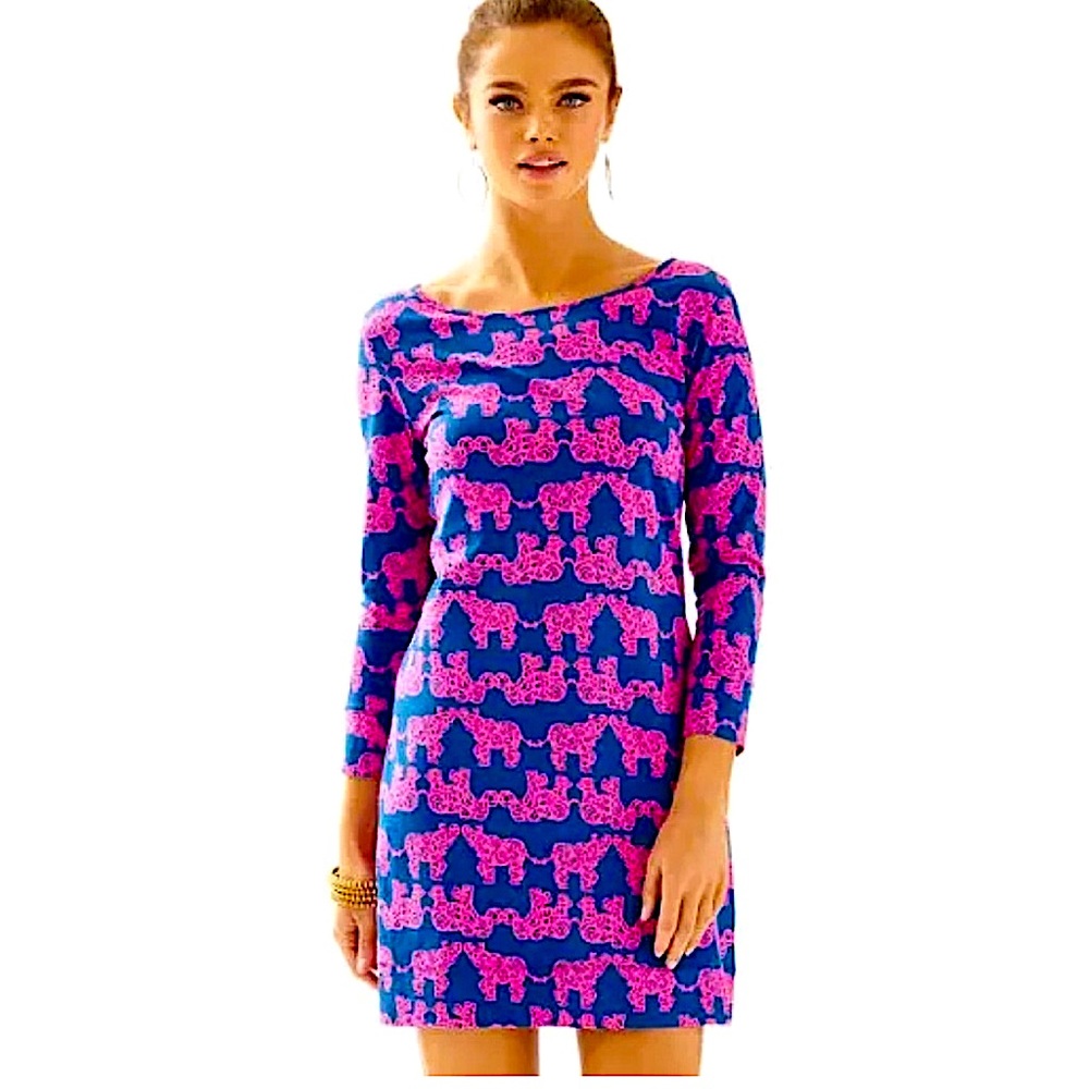 Lilly Pulitzer Pink Blue 3/4 Long Sleeve Elephant Dress S